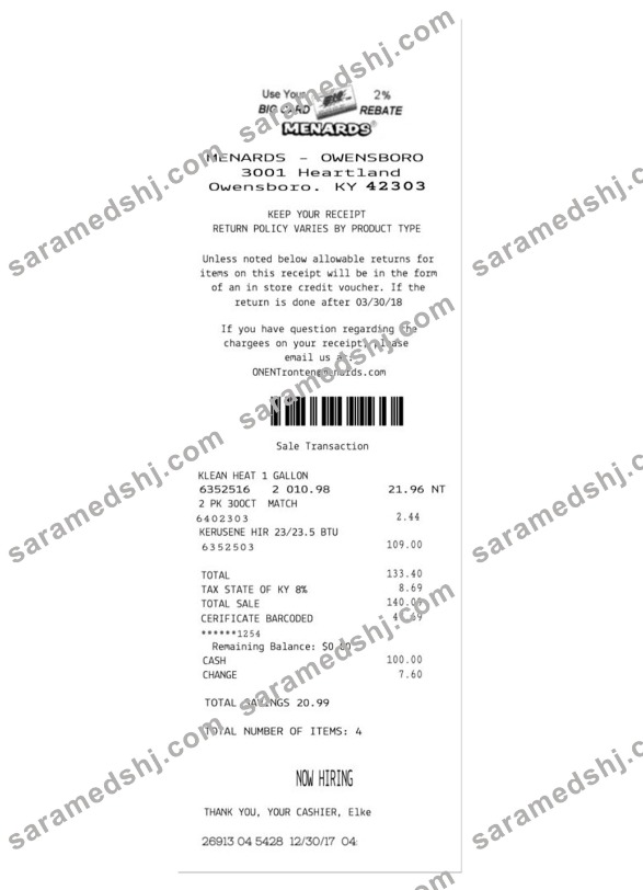 MENARDS payment receipt